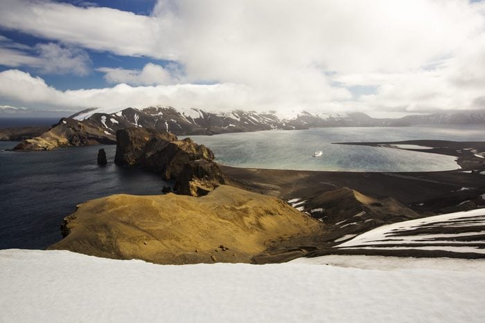 Deception Island in the South Shetland Islands off the Antarctic Peninsular is an active volcanic caldera.