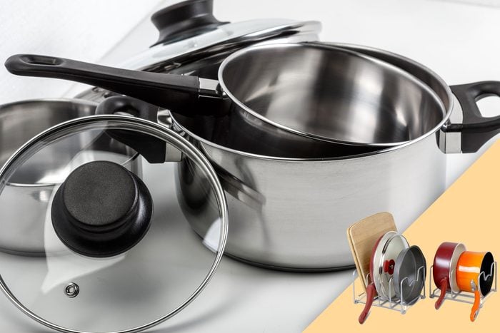 Pots and pans in a pile; with suggested product