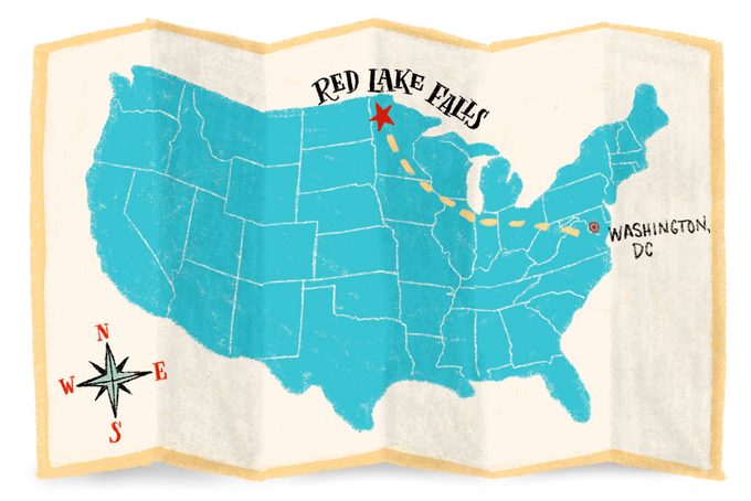 map showing the journey from washington dc to red lake falls minnesota