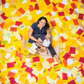 gina hamadey from above surrounded by thank you envelopes