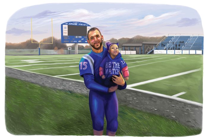 illustration by gel jamlang. football player holding small child. football field in the background