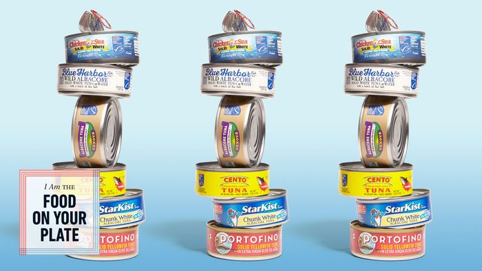 variety of brands of tuna cans stacked. food on your plate.