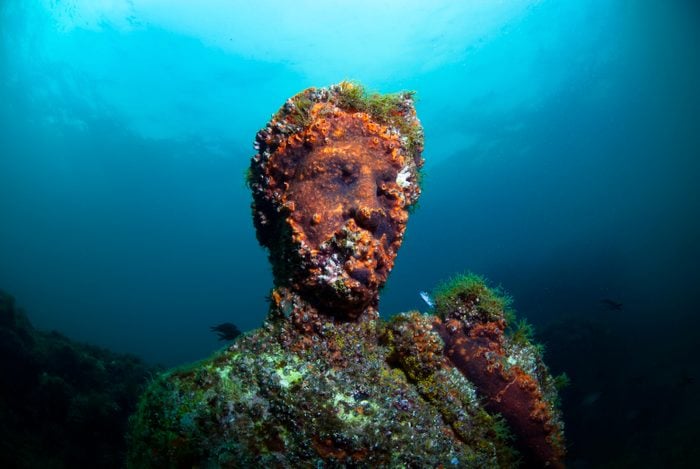 Baiae, Naples, Campania, Southern Italy - May, 2018: Submerged statue head