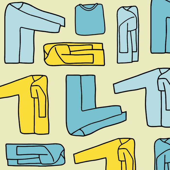 Collaged drawings of folded long sleeve t-shirt with varying colors