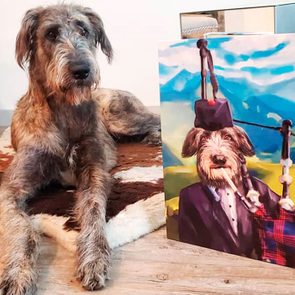 dog sits next to his dogeface portrait