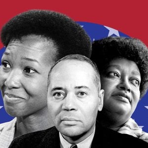 Three black history figures in front of a red and blue with white stars background
