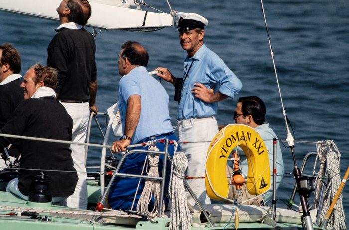 Prince Philip the Duke of Edinburgh sailing his Yeoman class yacht at Cowes Week Races