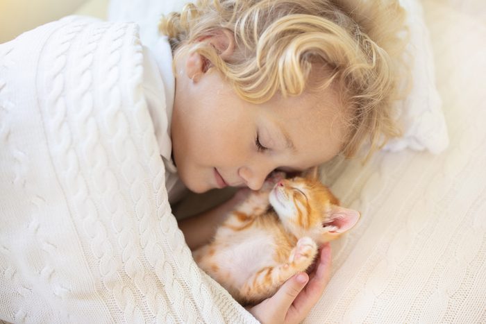 child and kitten sleeping together
