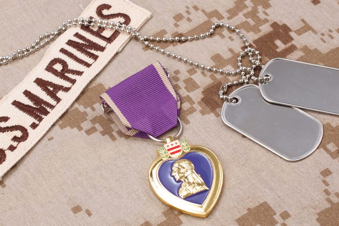 Purple Heart award on US MARINES camouflage uniform