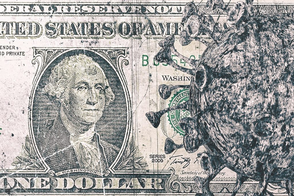 United States of America - Pandemic Covid-19 Coronavirus cells on Part of USD dollar banknotes