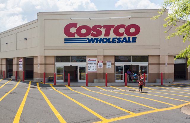 Entrance to large Costco warehouse superstore in Manassas, Virginia, USA