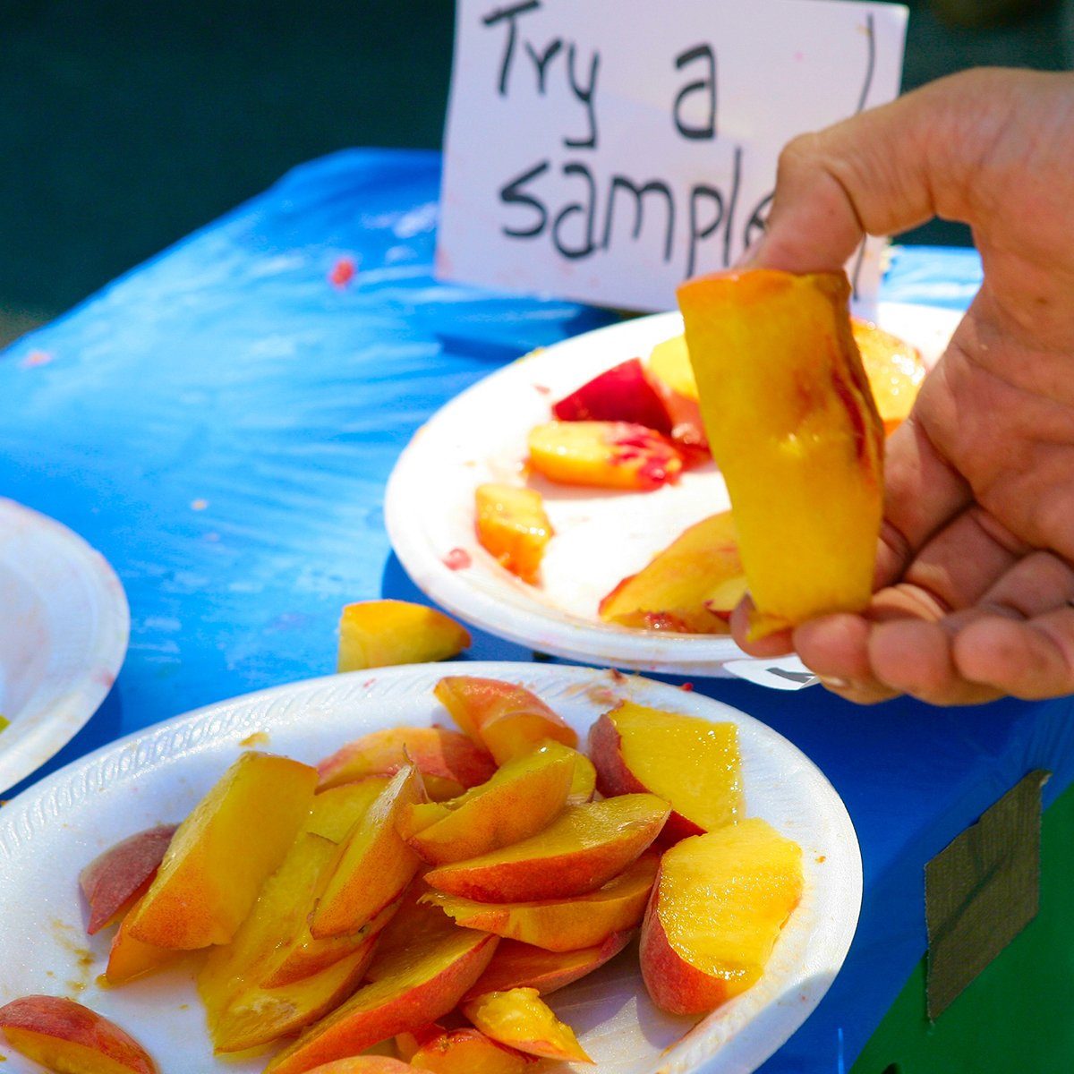Farmer's market selling fresh, home-grown fruit, cutting samples for shoppers to try.