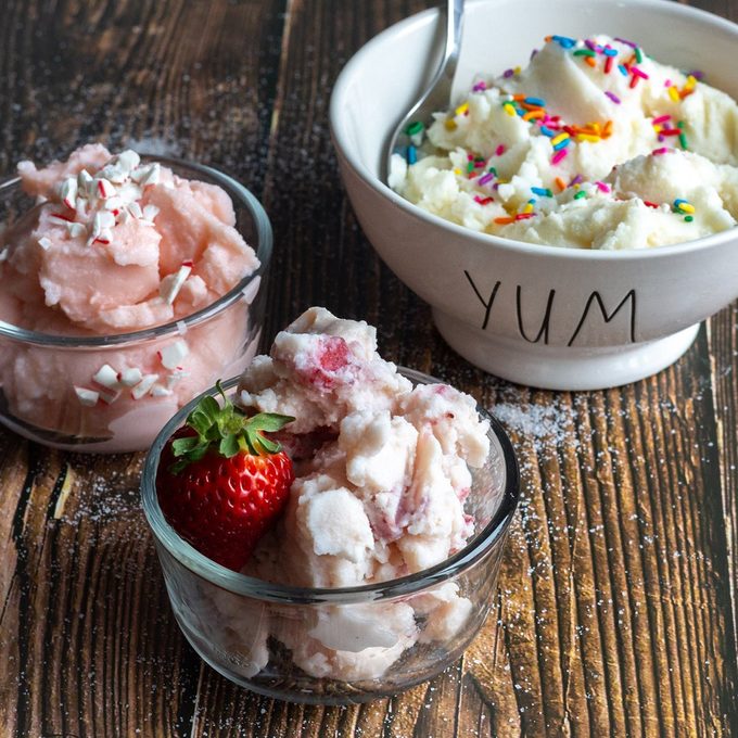 Ice cream, three kinds in dishes.