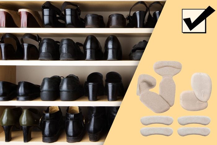 shoes lined up in a closet; and suggested product