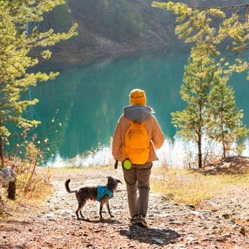 woman and her dog hiking to a beautiful alpine lake in the mountains