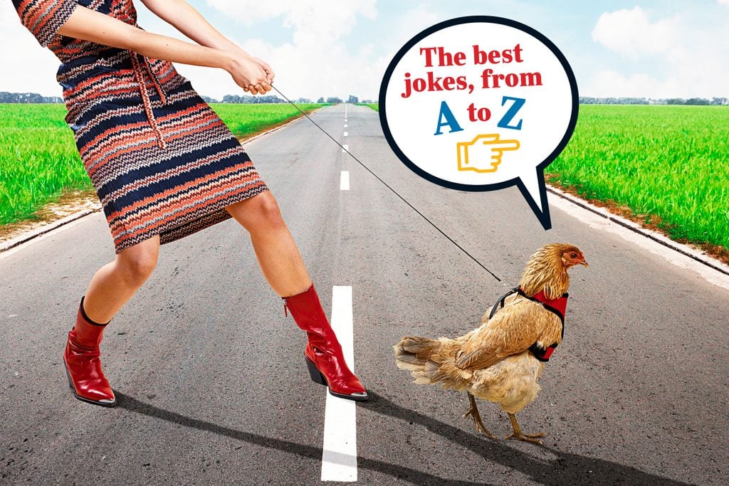 woman walking a chicken across the road