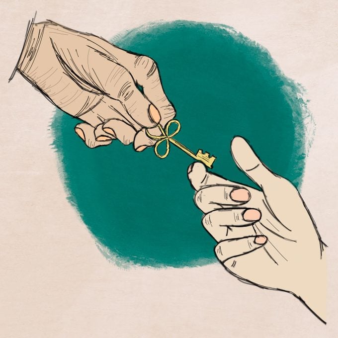 an older hand passing a key to a younger hand. illustration.