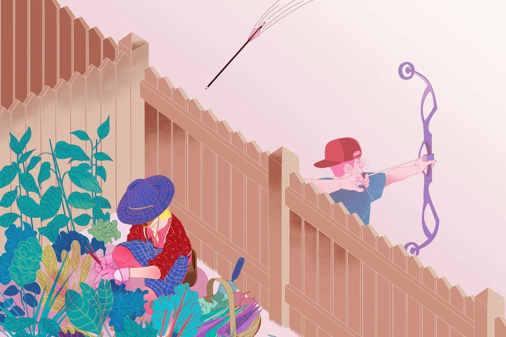 illustration of boy shooting an arrow and woman gardening