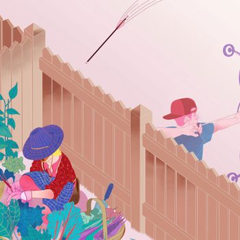illustration of boy shooting an arrow and woman gardening
