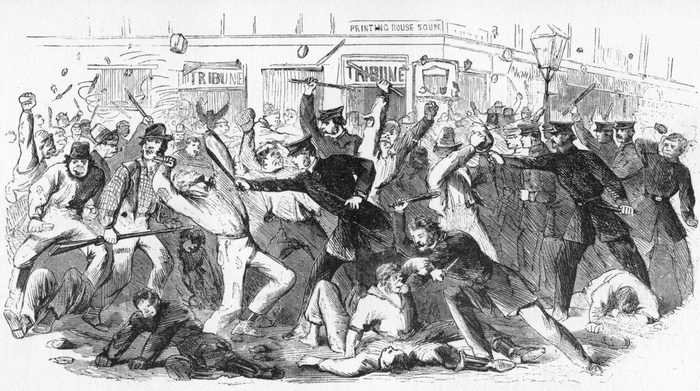 'Police Charge Rioters At The Tribune Office', c1860s.
