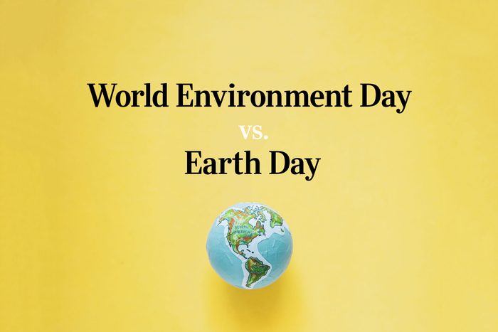 text "world environment day vs earth day" on yellow background with paper globe
