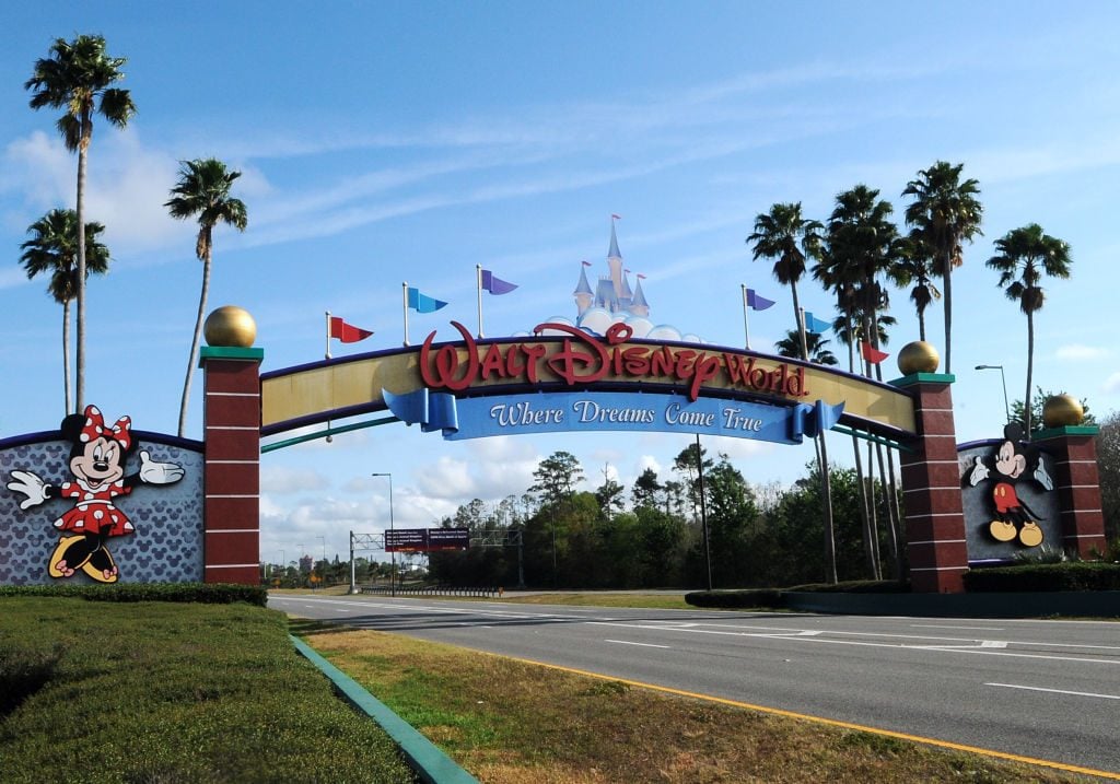 The entrance to Disney World is deserted on the first day of...