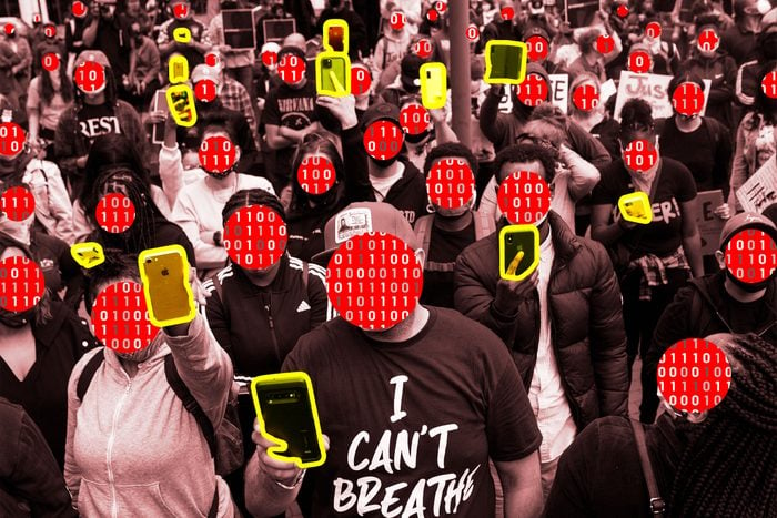 photo illustration: crowd of protestors with phones highlighted and faced covered with red dots with computer code