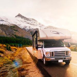 RVing In The Mountains In Class C Motorhome Landscape At Sunset
