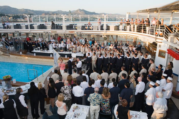Crew being introduced during pool deck barbecue aboard cruiseship Silver Spirit (Silversea Cruises).