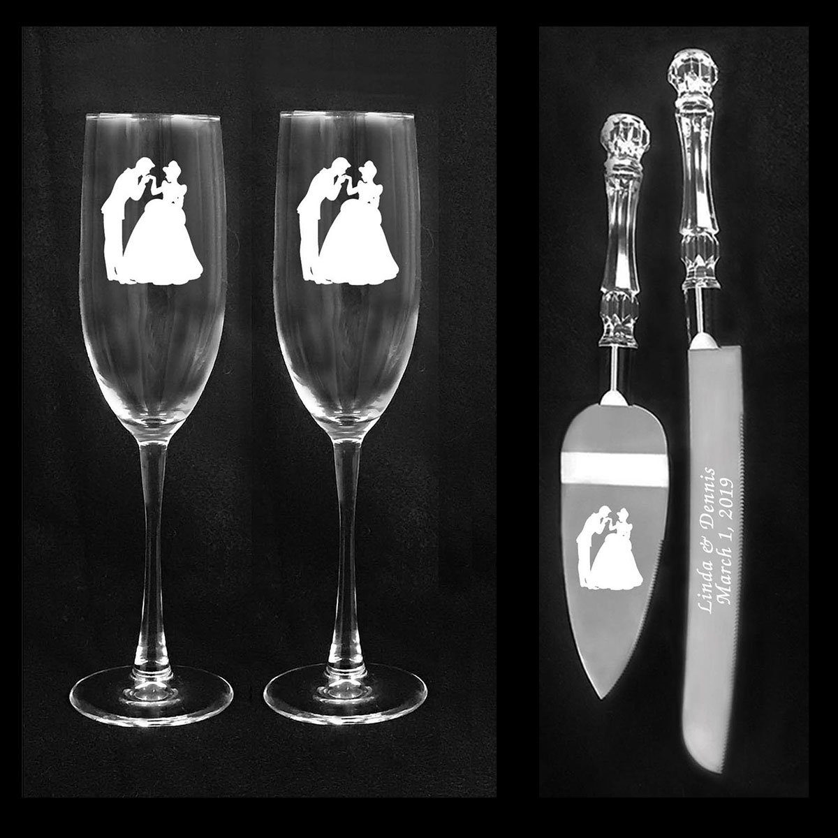 Cinderella and Prince Charming Wedding glasses and knife set Engraving and shipping FREE