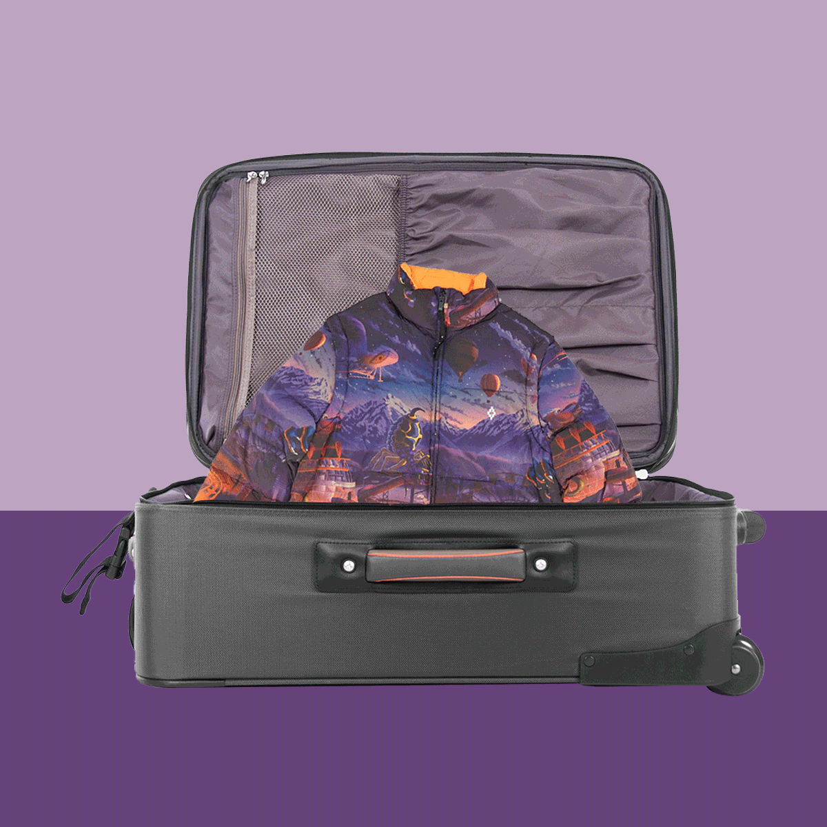 products coming out of suitcase on purple background