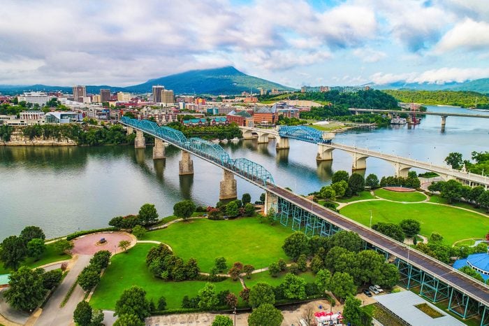 Drone Aerial of Downtown Chattanooga Tennessee Skyline