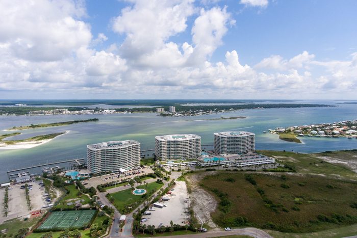 Aerial view of Orange Beach, Alabama and Ono Island on the Gulf Coast in August