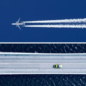 split screen airplane in the sky, car on a bridge