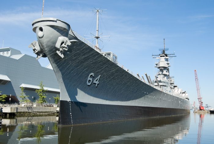 Military Battleship Docked at Norfolk, VA, Navy USS Wisconsin