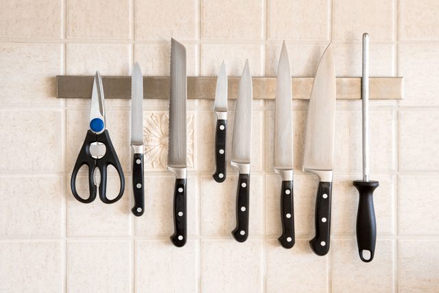 magnetic knife holder in kitchen