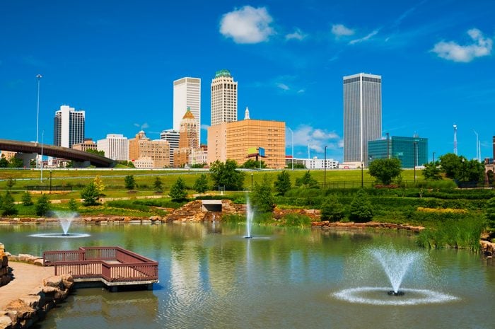 Tulsa skyline, pond, and fountains