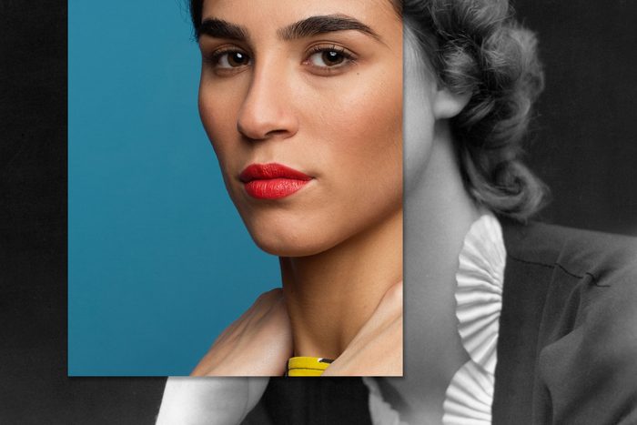 Portrait Of Young latin woman combined with vintage photo