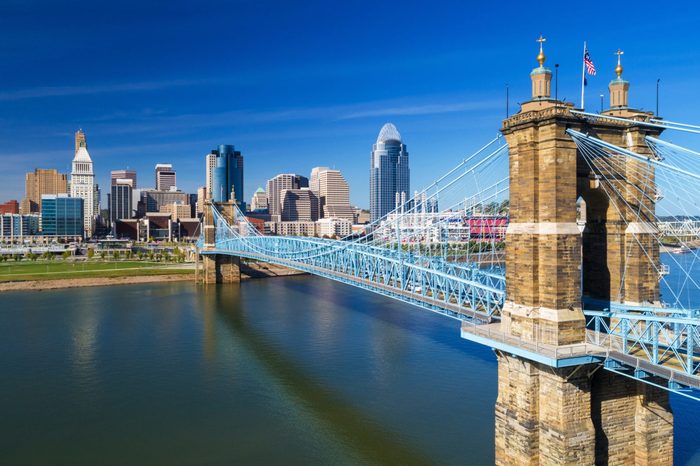 Elevated view of the Roebling Suspension Bridge with Downtown Cincinnati skyline in the background and the Ohio River just below.