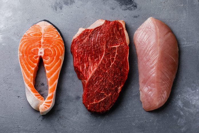 Raw food Salmon fish steak, beef meat and turkey breast