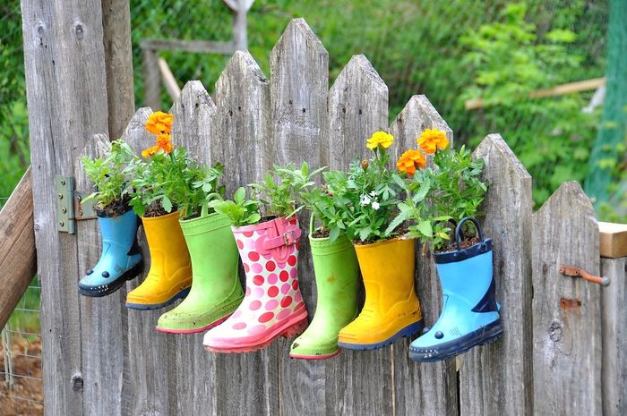 garden boots used as planters