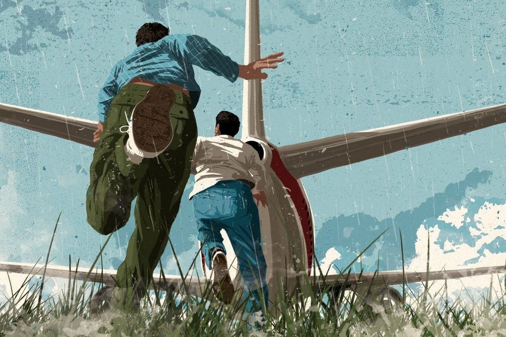 two men running after a plane illustration