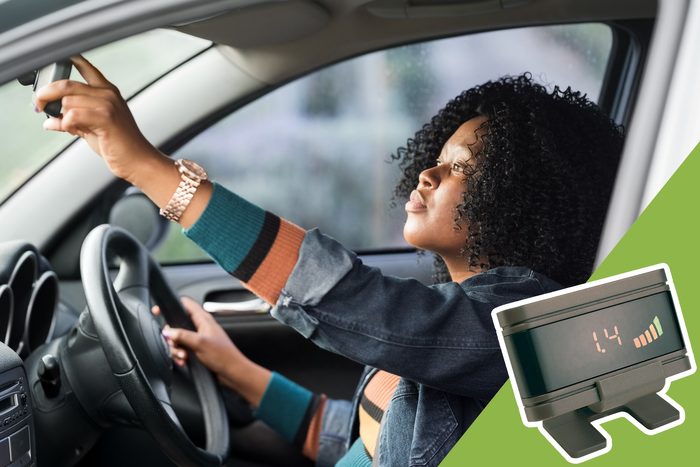 woman checking rearview mirror with inset of parking assistance tool to buy