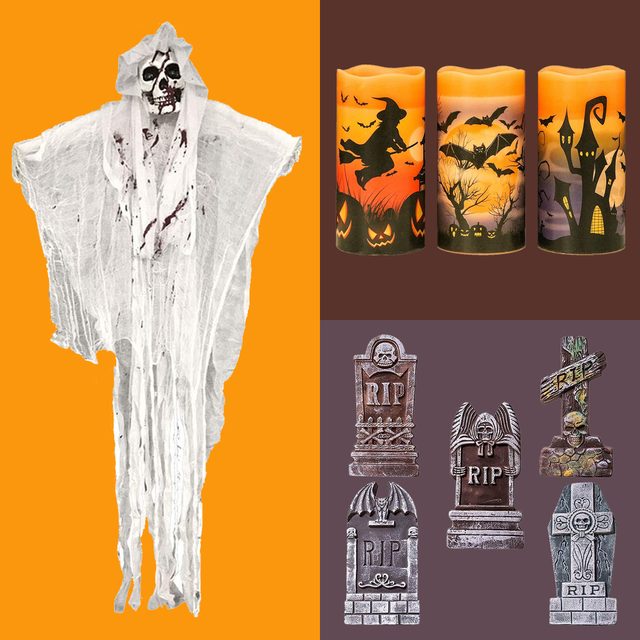 Halloween Decoration products on color block background
