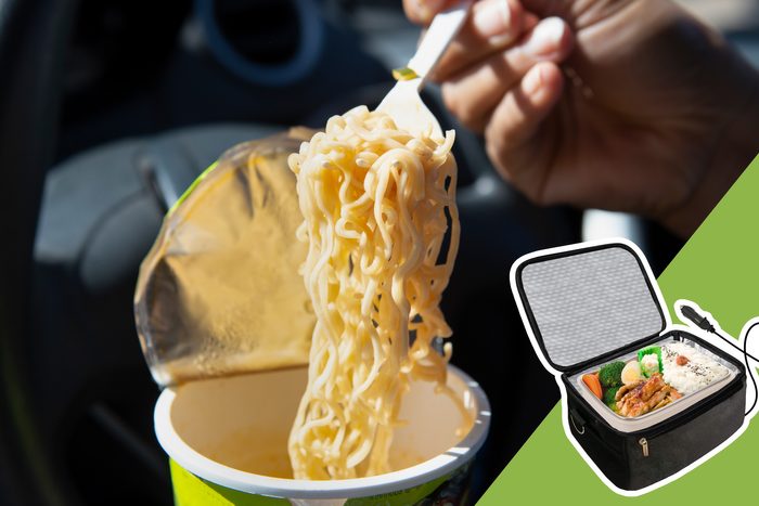eating ramen noodles while driving with inset of insulated cooler bag