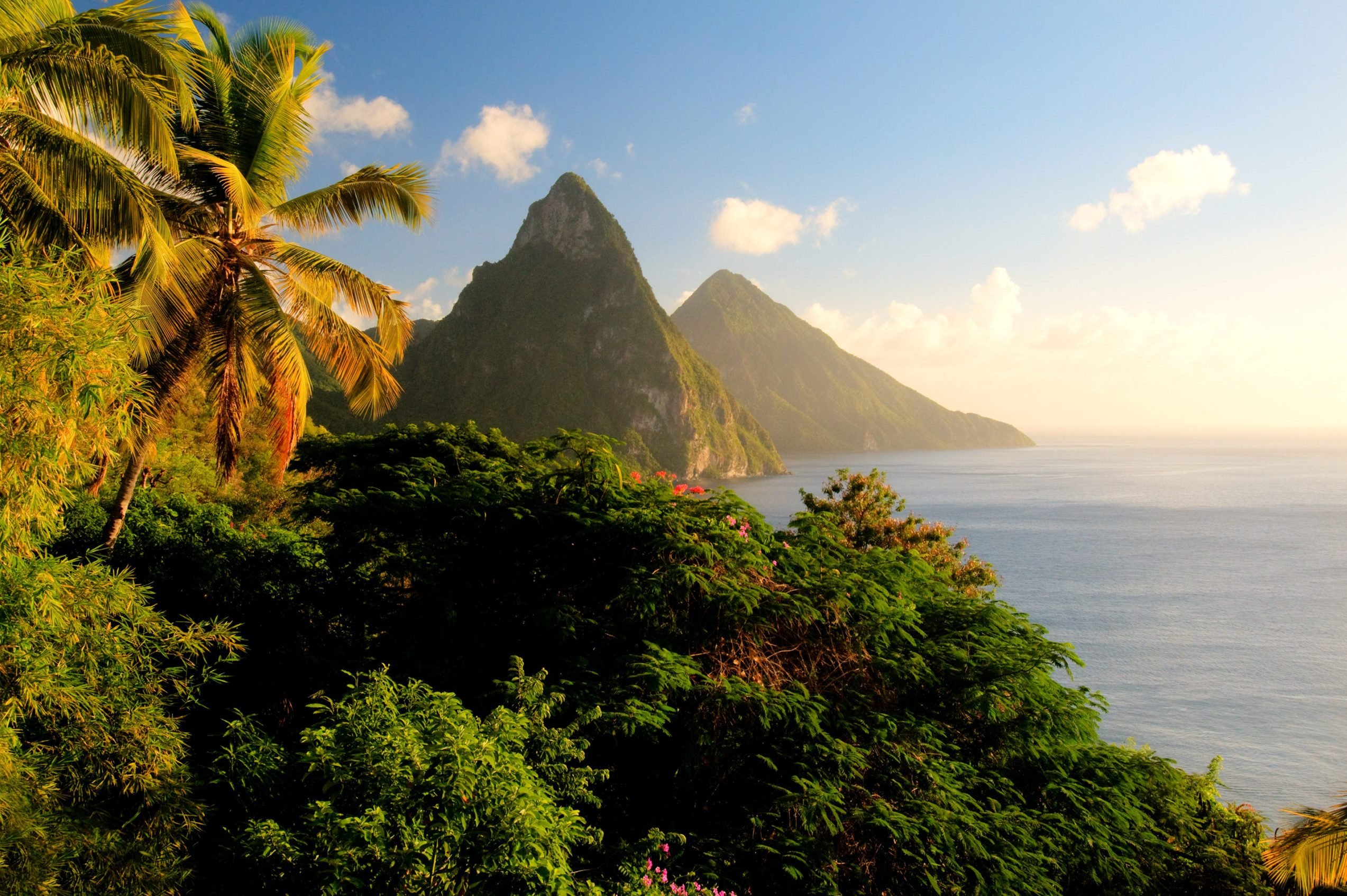 St. Lucia's Twin Pitons lit by sunset glow