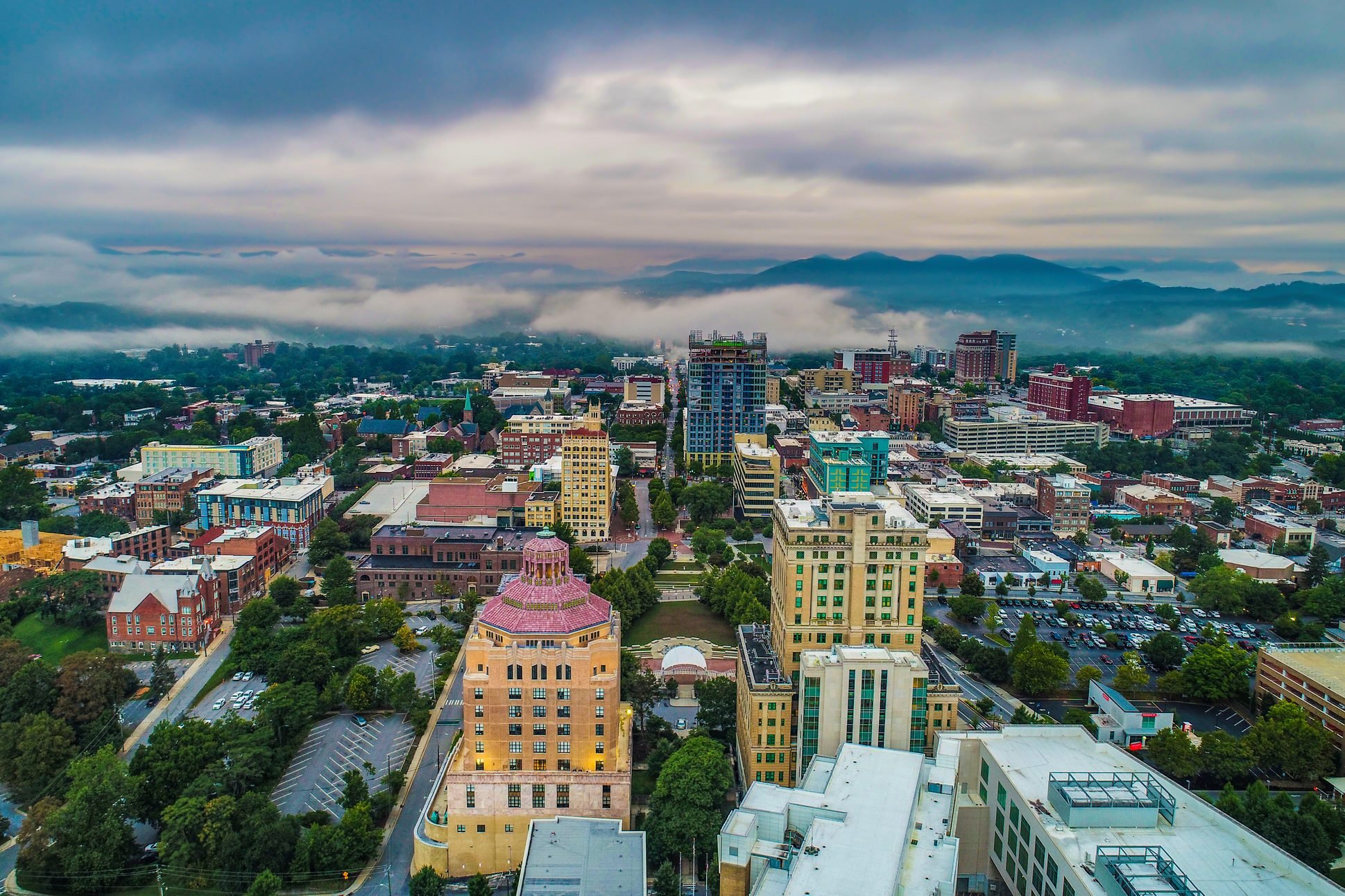 Drone Aerial of Downtown Asheville North Carolina Skyline