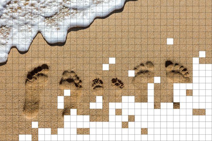 family footprints in the sand with grid pixels overlay