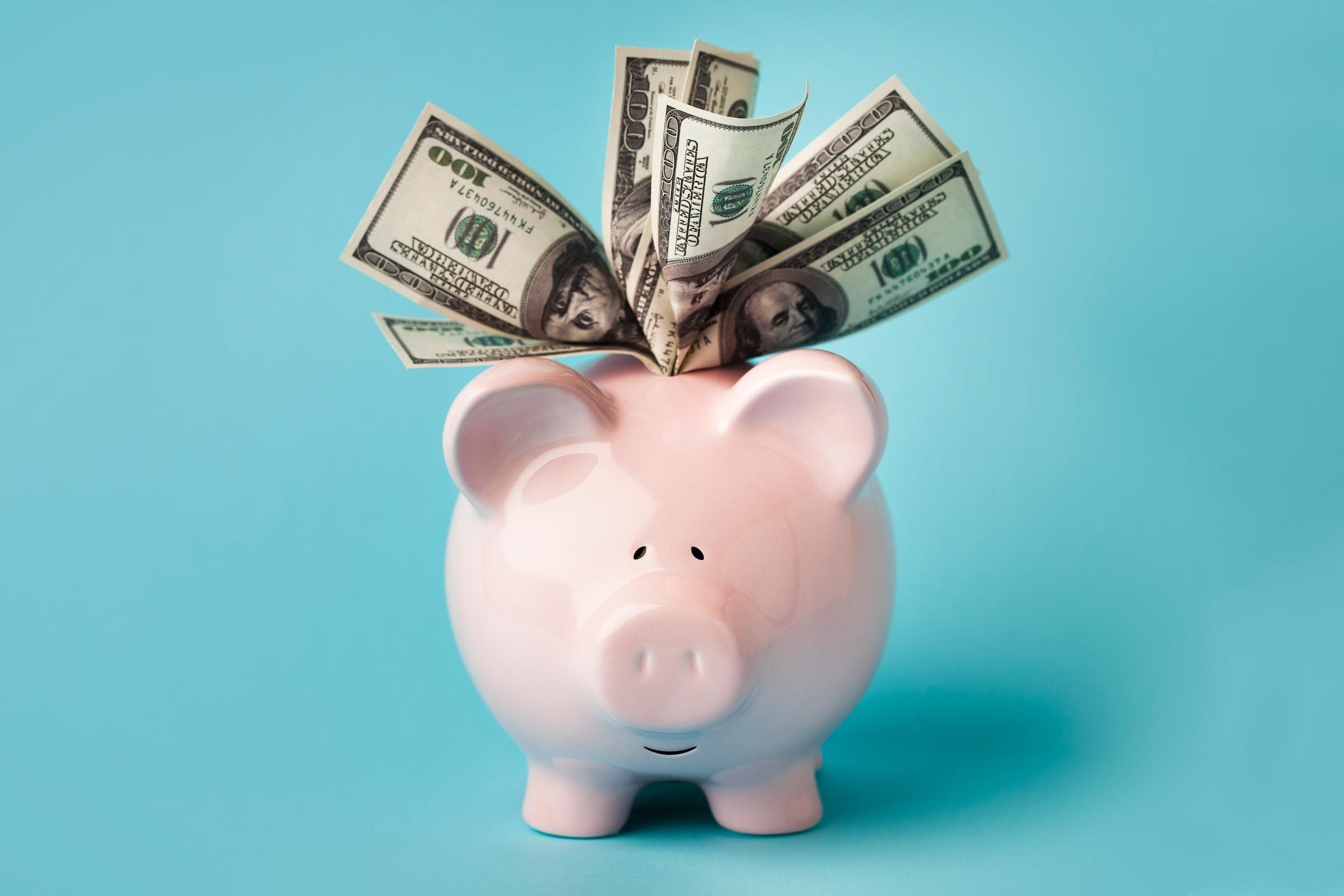 piggy bank with hundred dollar bills sticking out on blue background