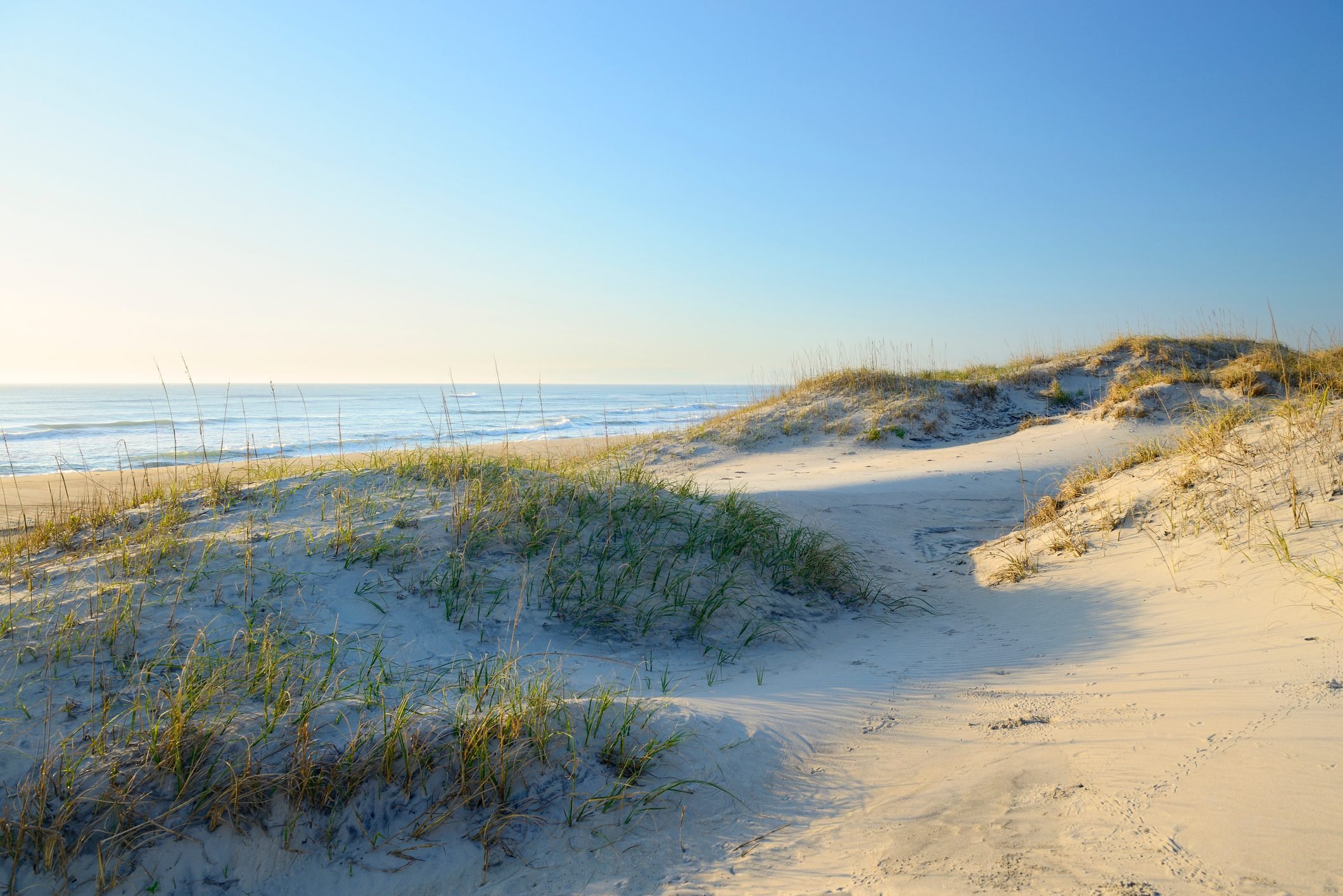 Cálida luz del amanecer a lo largo de la playa y las dunas de arena de Cape Hatteras en los Outer Banks de Carolina del Norte.